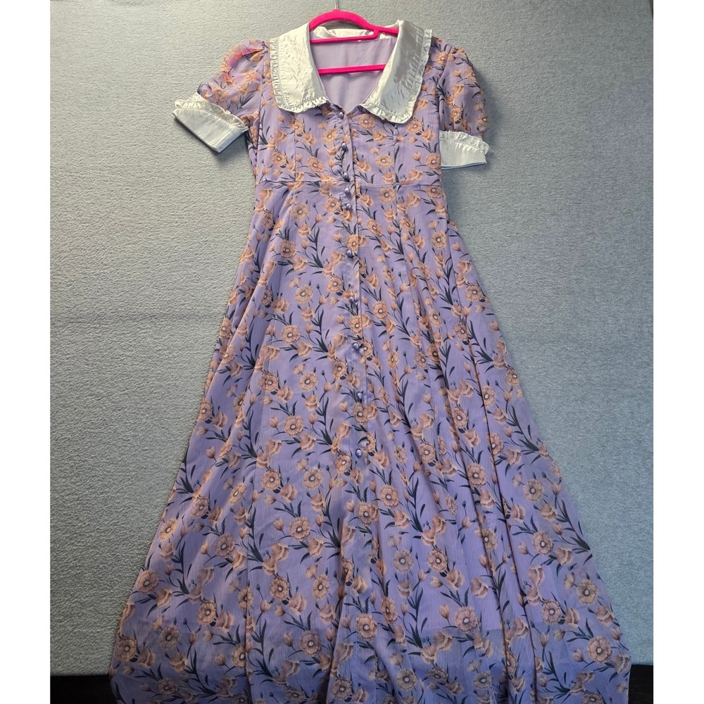 Floral Maxi Dress Womens S Purple Lace Collar Puff Sleeve Prairie Cottagecore